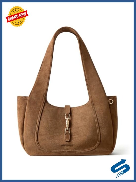 Handbags - Faux Suede Shoulder Bag Medium Dumpling Tote Lightweight Wide Strap